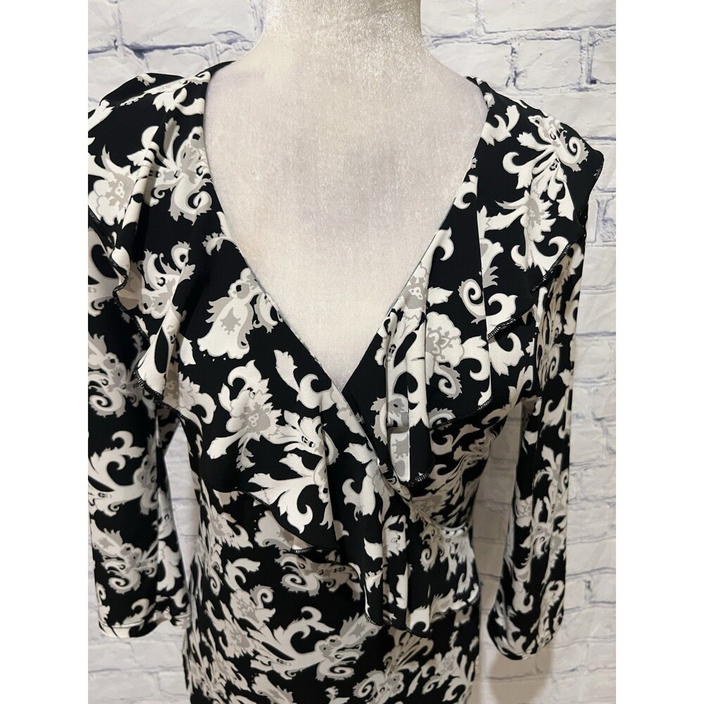 WHITE HOUSE BLACK MARKET WHBM Black & white floral print 3/4 sleeves blouse M - Picture 2 of 6